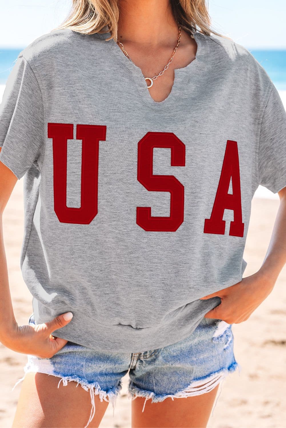 image-Light Grey USA Lettering Patch Notched Neck Loose Tee