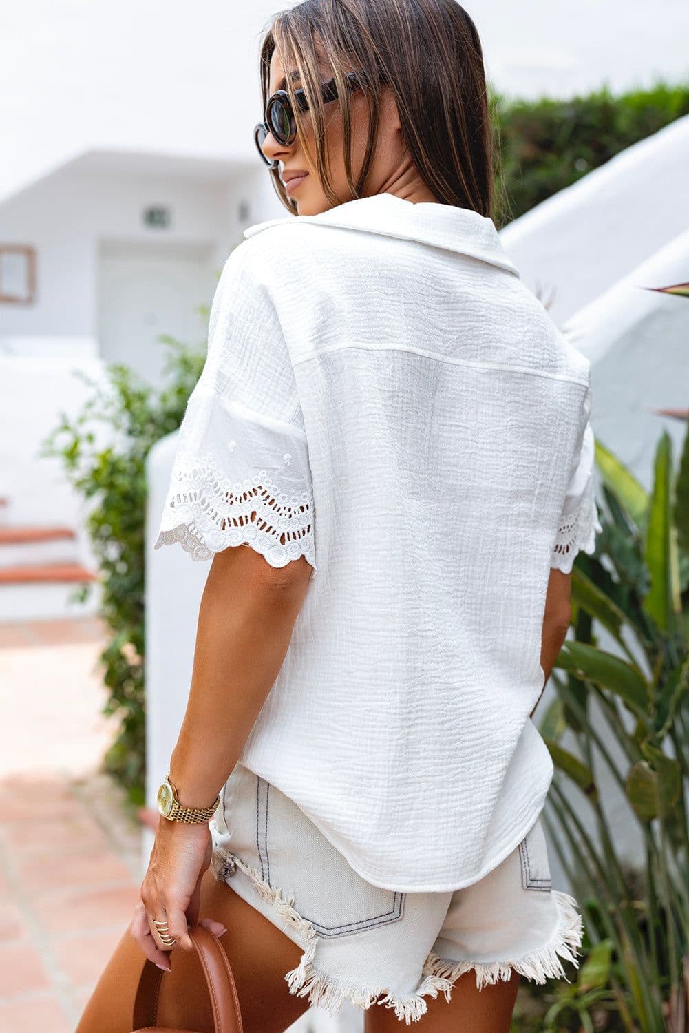 image-White Crinkled Lace Splicing V Neck Blouse