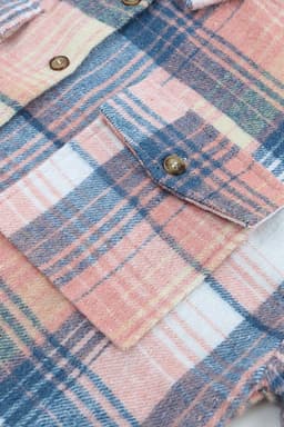 image-Shacket with Pink/Black Plaid Flap Pockets - Chic Style, Loose Fit (65 characters)