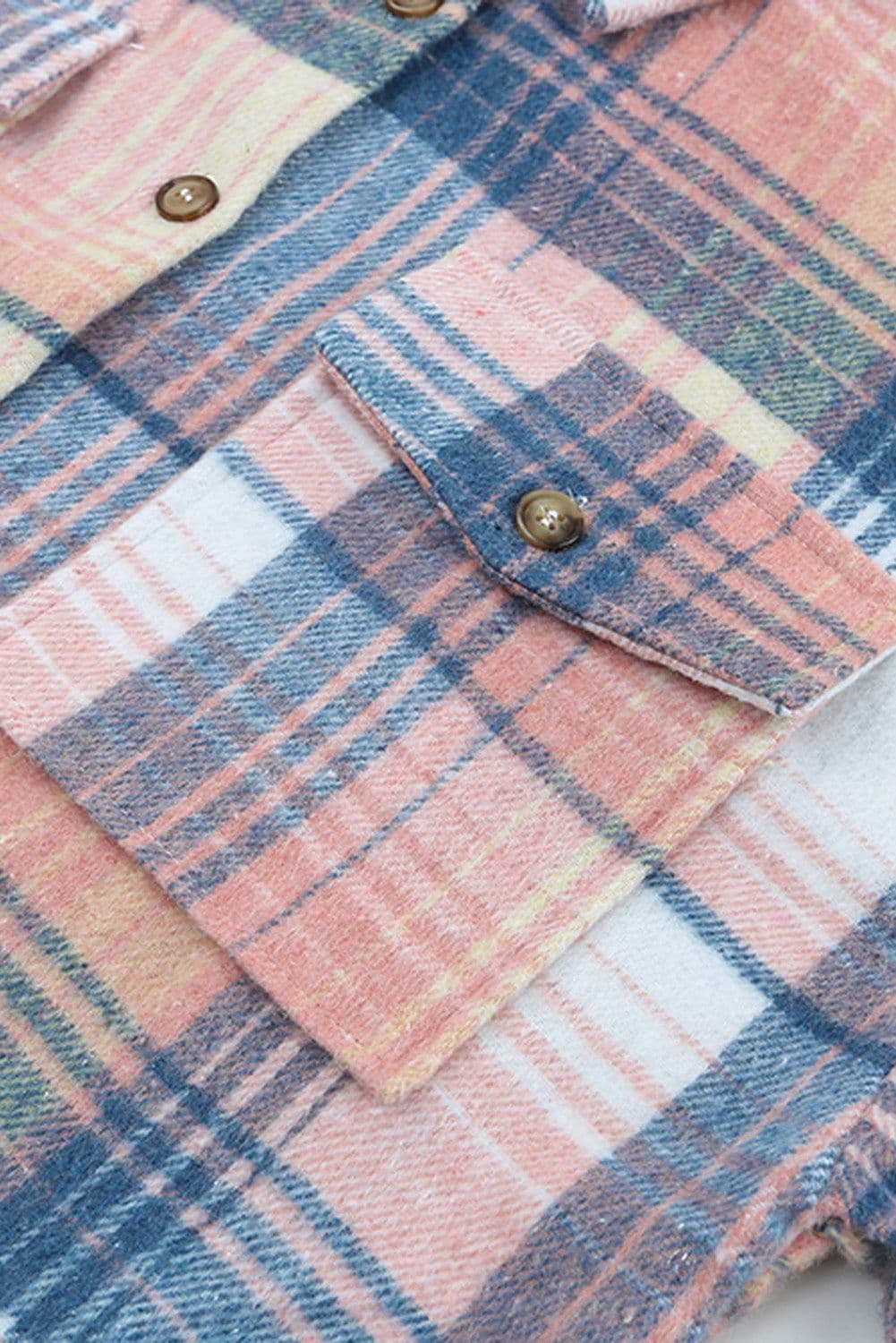 image-Shacket with Pink/Black Plaid Flap Pockets - Chic Style, Loose Fit (65 characters)