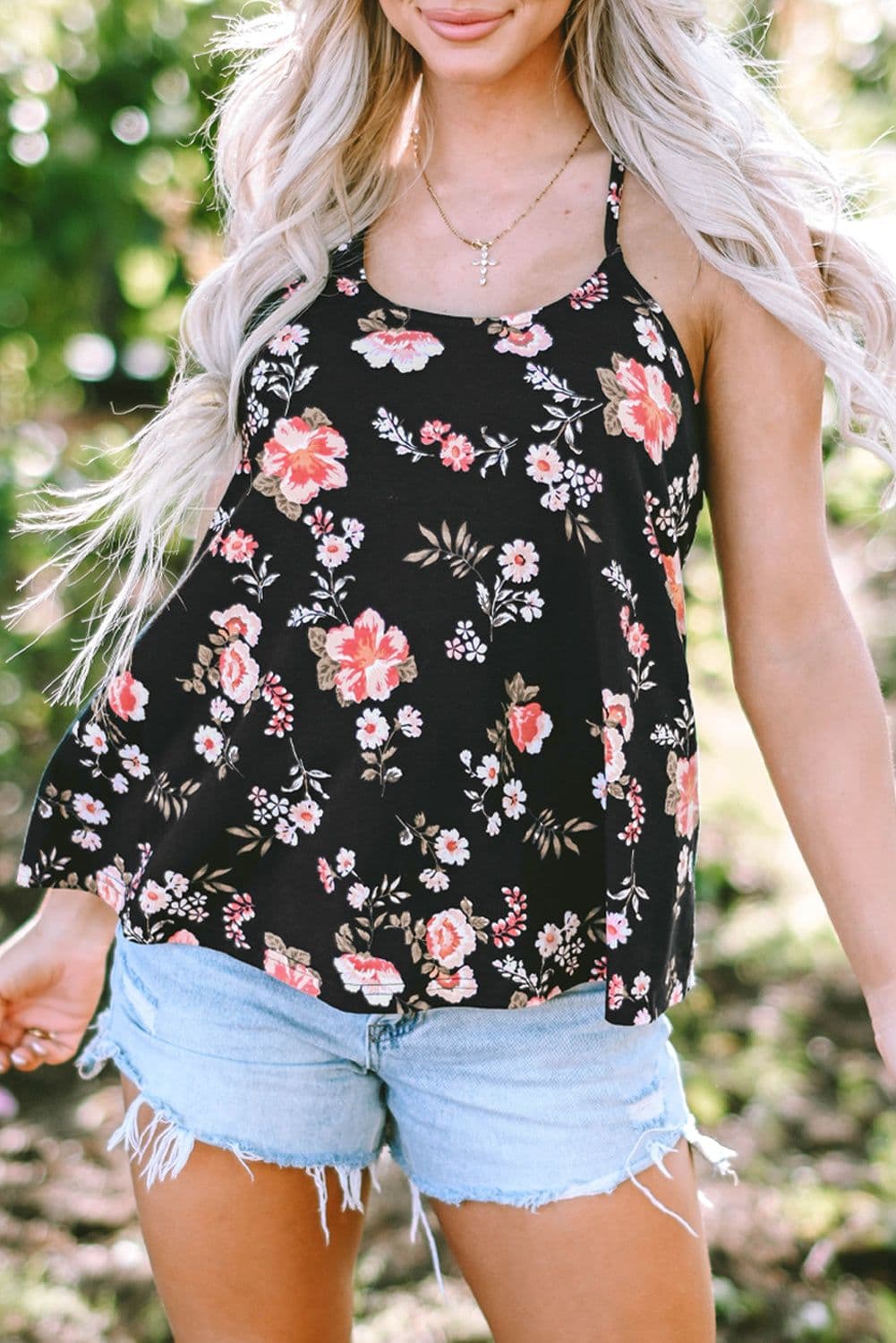 image-Black Floral Spaghetti Straps Strappy Back Tank Top