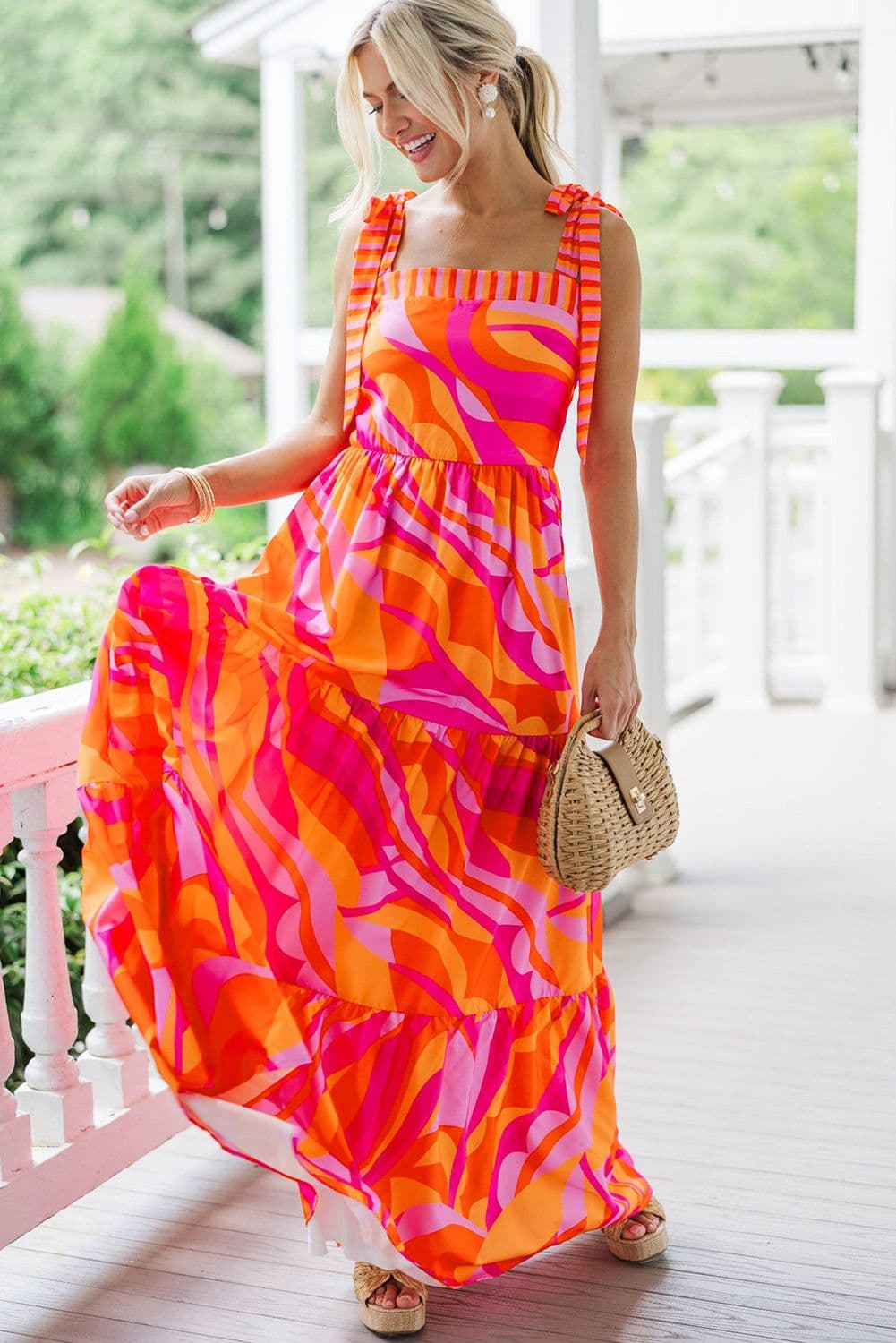 image-Red Abstract Print Knotted Shoulder Maxi Dress