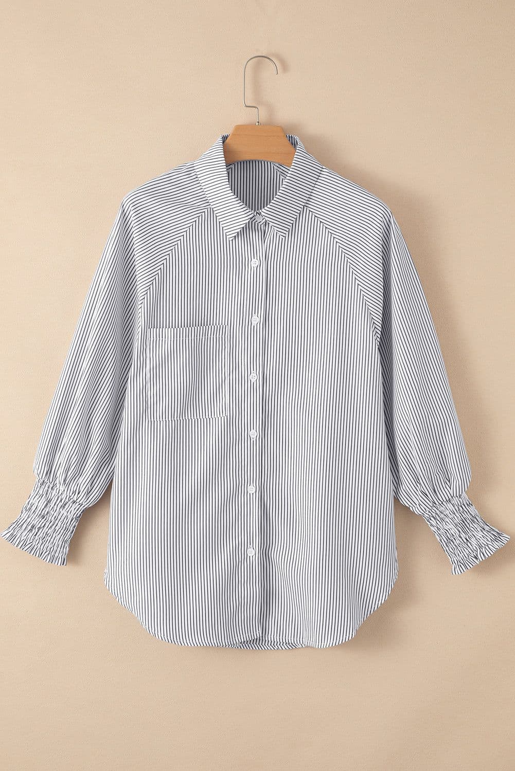 image-Sky Blue Striped Boyfriend Shirt with Pocket - Smocked Cuffs