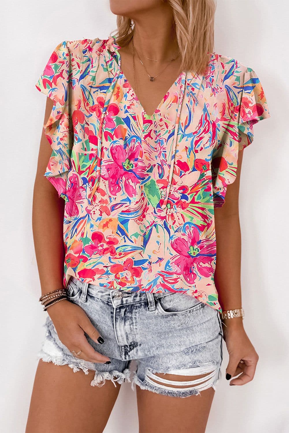 image-Multicolour Floral Ruffled Sleeve V Neck Blouse (50 characters)