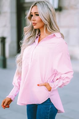 image-Sky Blue Striped Boyfriend Shirt with Pocket - Smocked Cuffs