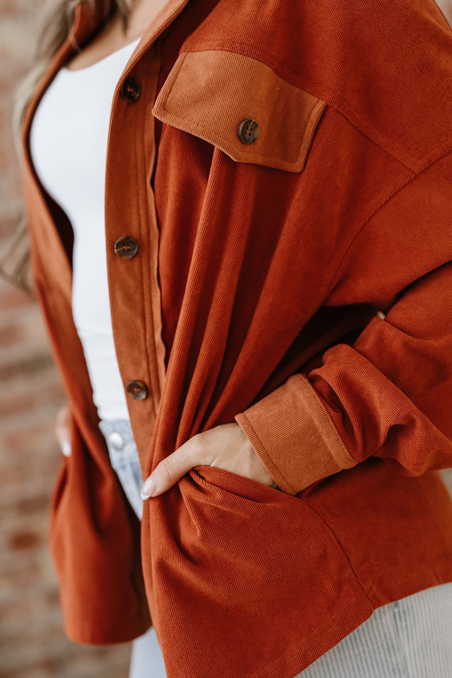 image-Gold Flame Velvet Flap Pockets Drop Shoulder Shacket