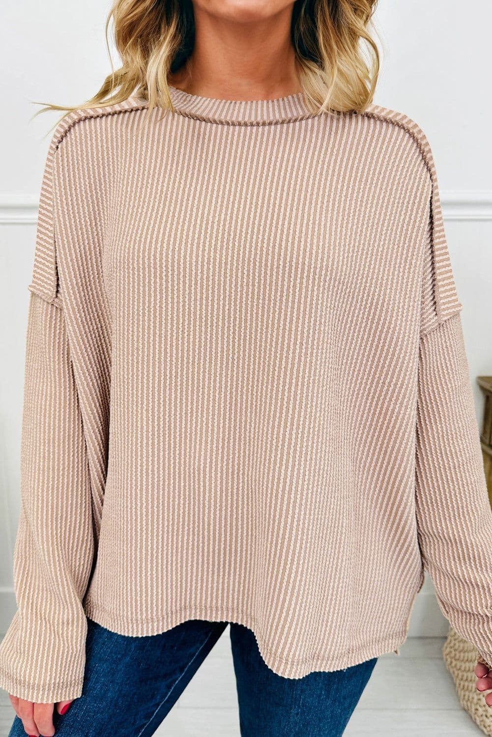 image-Black Twist Ribbed Long Sleeve Top - Exposed Seam