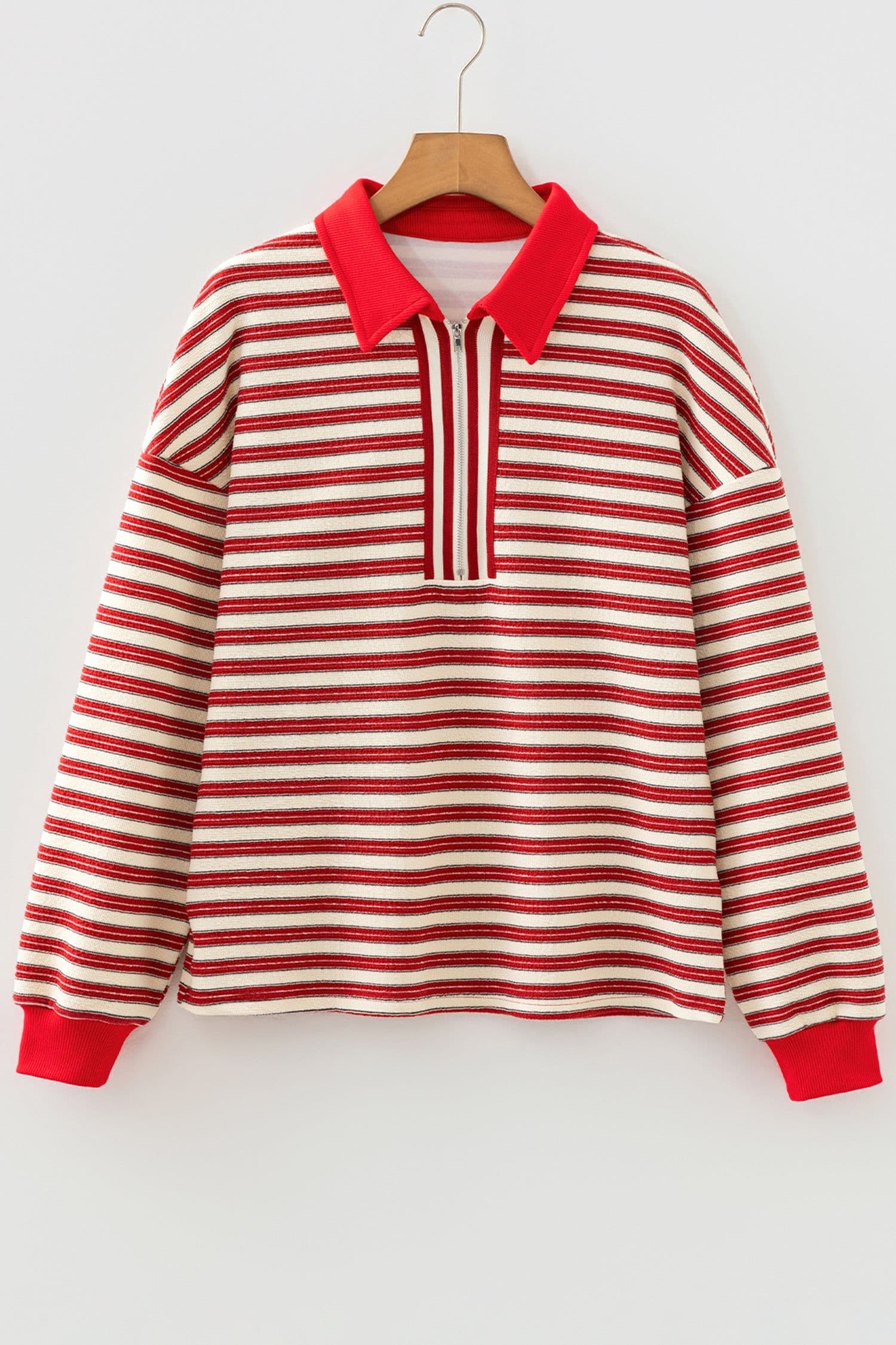 image-Racing Red Striped Long Sleeve Zip Top - Contrast Collar