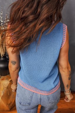 image-Sky Blue Contrast Trim Sleeveless Sweater