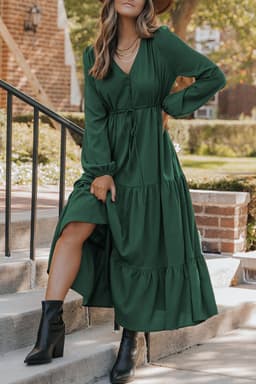 image-Burgundy Solid Long Sleeve Button V Neck Tiered Maxi Dress