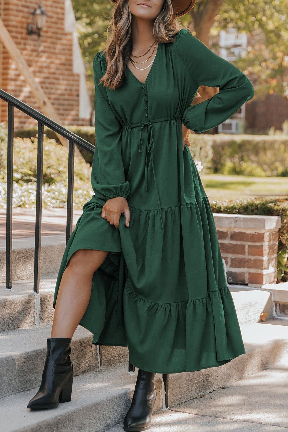 image-Burgundy Solid Long Sleeve Button V Neck Tiered Maxi Dress