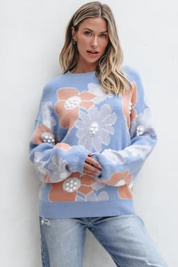 image-Beau Blue Floral O-Neck Drop Shoulder Sweater