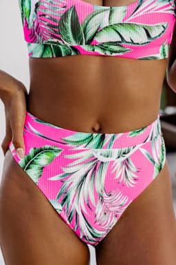 image-Rose Tropical Print Textured Bikini Bottoms