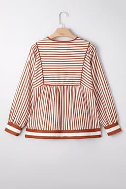 image-Brown Stripe Babydoll Long Sleeve Blouse