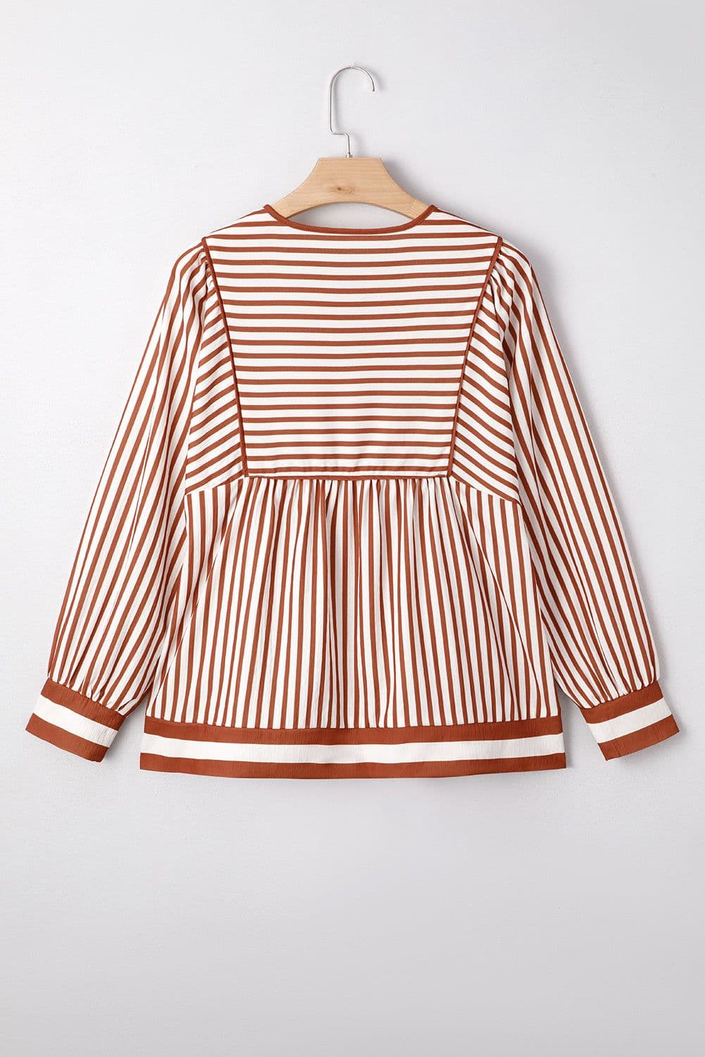 image-Brown Stripe Babydoll Long Sleeve Blouse