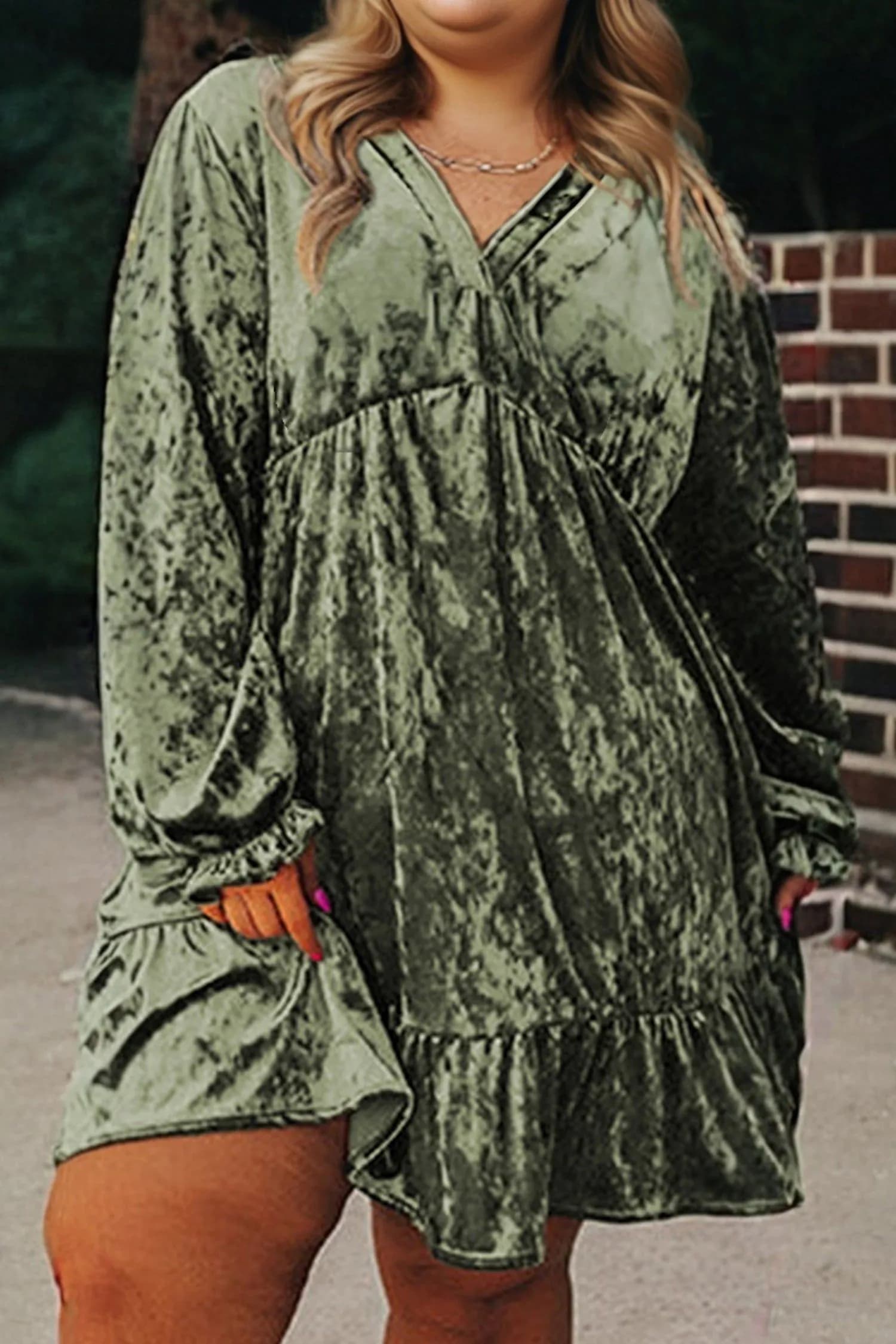 image-Jungle Green Velvet Babydoll Mini Dress Puff Sleeve
