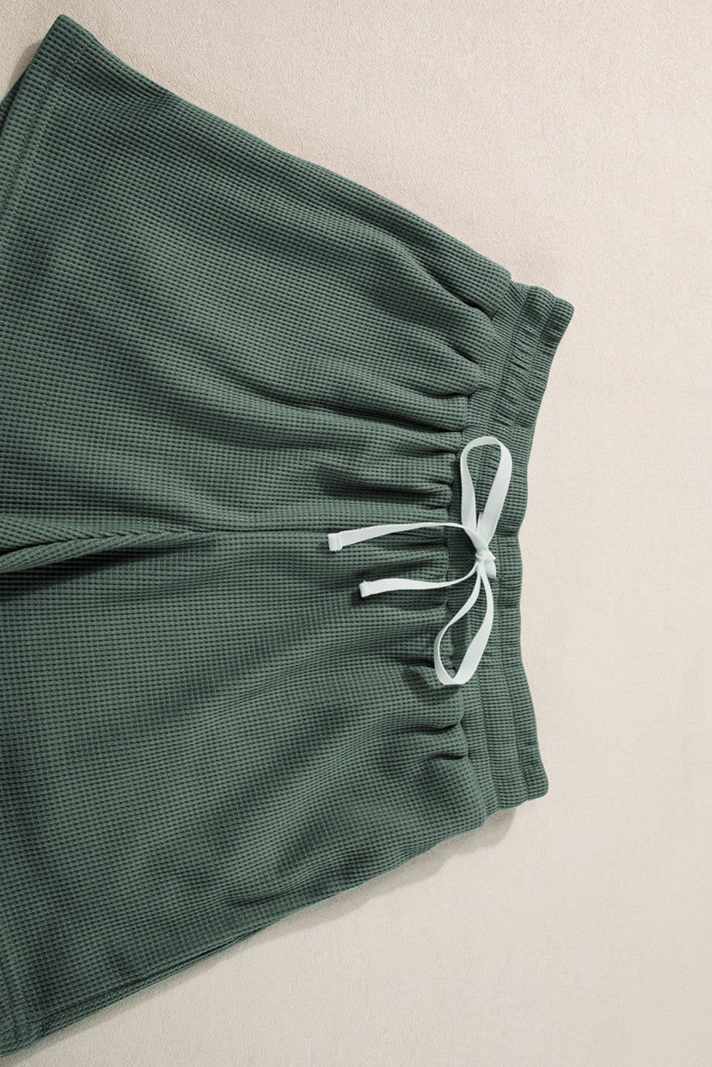 image-Mist Green Waffle Knit Tank & Shorts Set with Patched Pockets & Drawstring