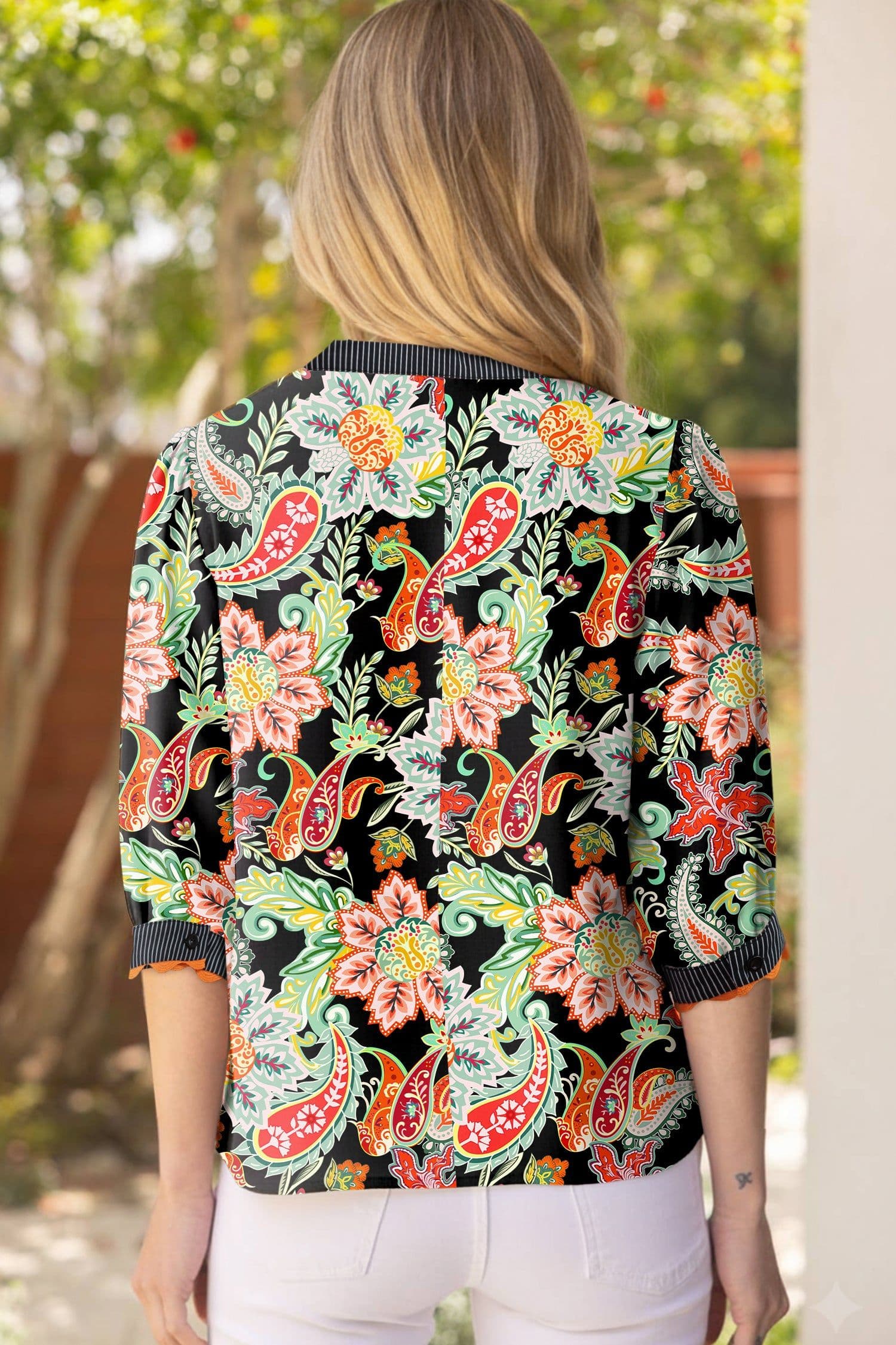 image-Black Contrast Ricrac Trim Striped Edge Patchwork Floral Print Blouse