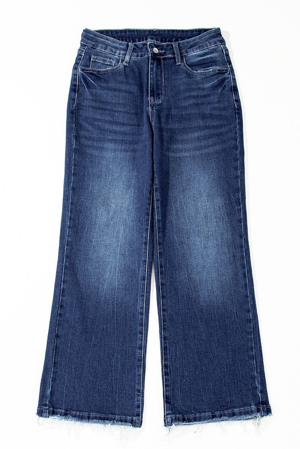 image-Beau Blue High Waist Flared Jeans - Raw Hem, Mineral Wash, 60" Modern