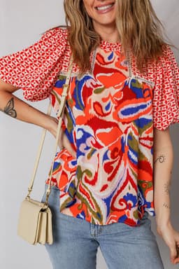 image-Red Paisley Geometric Patchwork Puff Sleeve Blouse