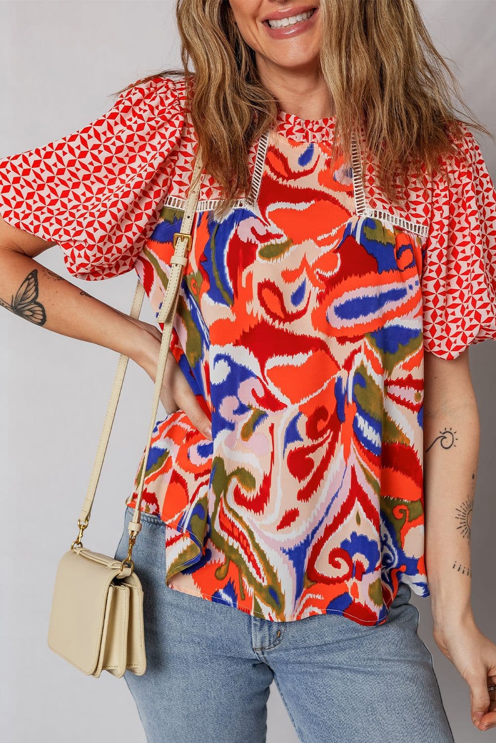 image-Red Paisley Geometric Patchwork Puff Sleeve Blouse