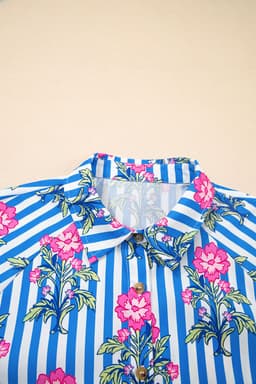 image-Blue Striped Floral Print Buttoned Cuffs Loose Fit Shirt