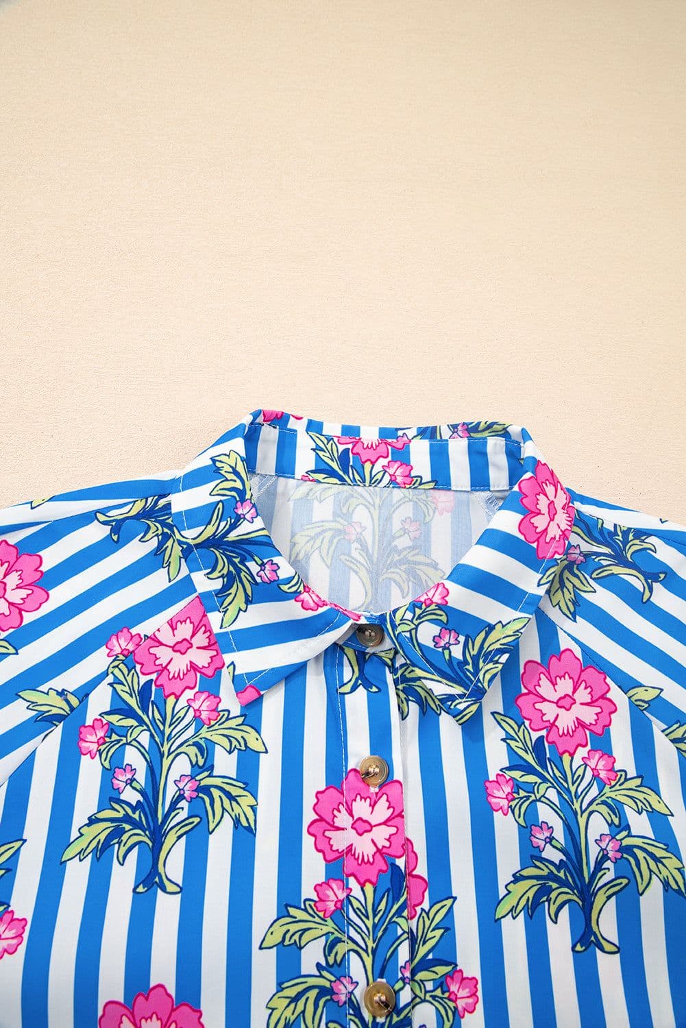 image-Blue Striped Floral Print Buttoned Cuffs Loose Fit Shirt