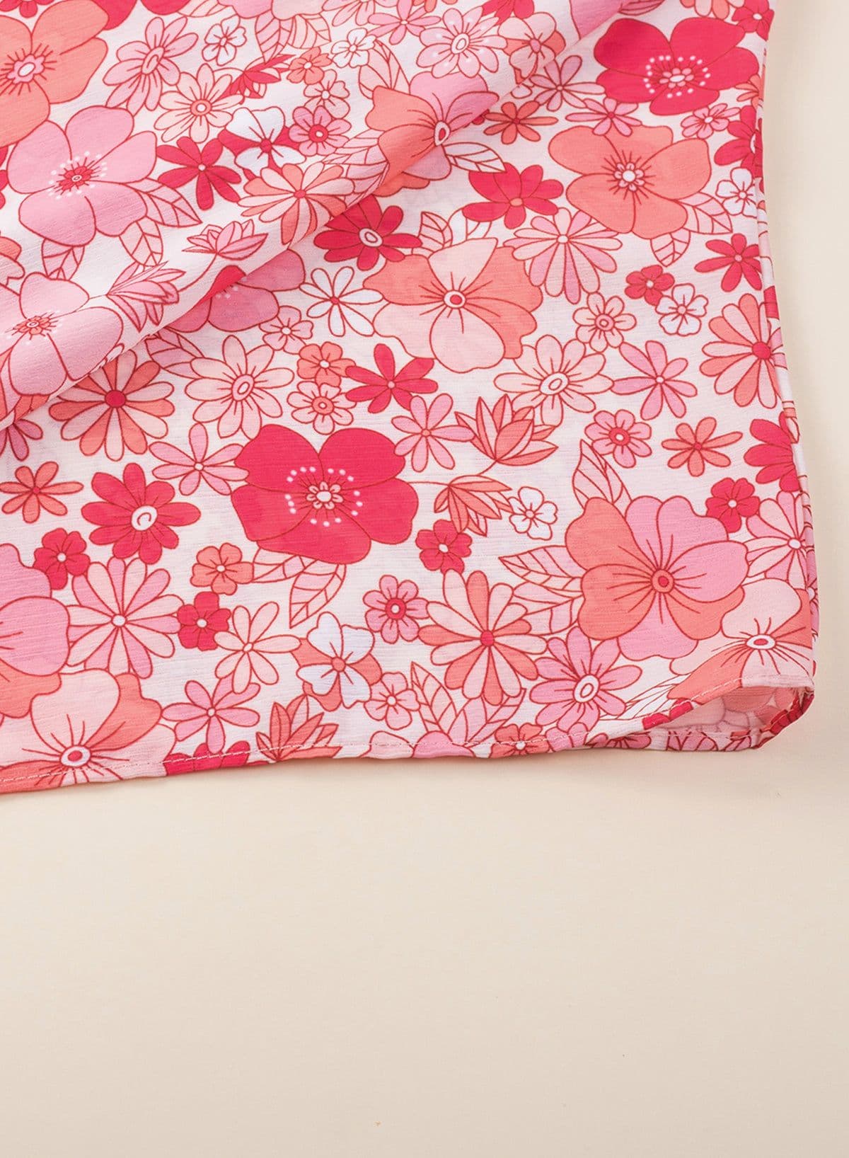 image-Pink Boho Floral V Neck Kimono Blouse - Oversized