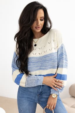 image-Light Blue Puff Sleeve Open Stitch Sweater - Fashionable Relaxed Fit