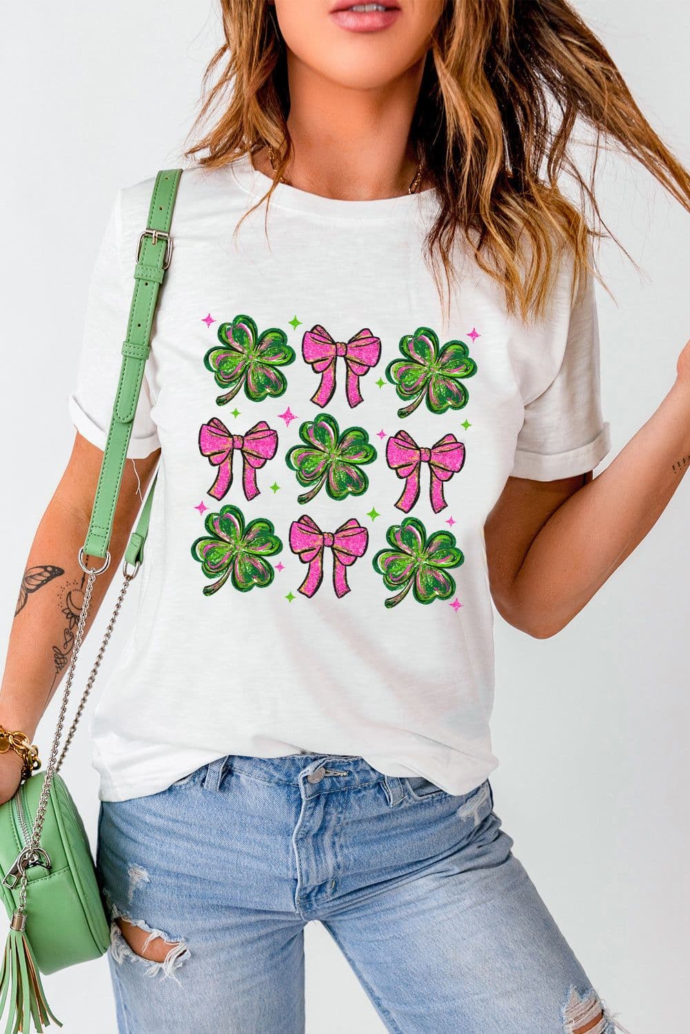image-White St Patrick Shamrock Bowknot Crewneck Tee