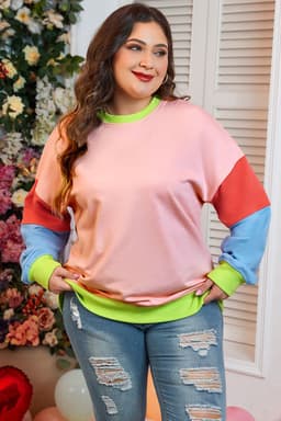 image-Light Pink Plus Size Colorblock Patchwork Crew Neck Sweatshirt