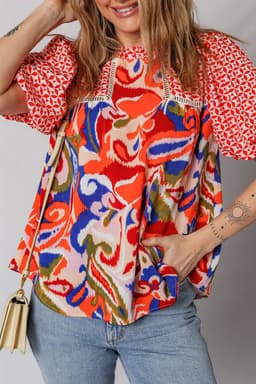 image-Red Paisley Geometric Patchwork Puff Sleeve Blouse
