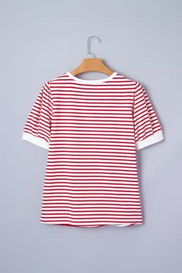 image-Red Stripe Contrast Trim Round Neck Short Puff Sleeve T Shirt
