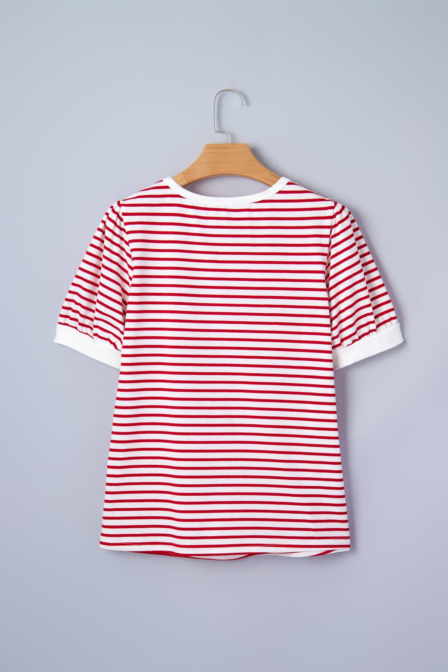 image-Red Stripe Contrast Trim Round Neck Short Puff Sleeve T Shirt