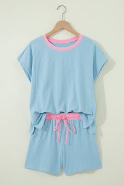 image-Aqua Soft Ribbed Color Block Trim Casual Shorts Set