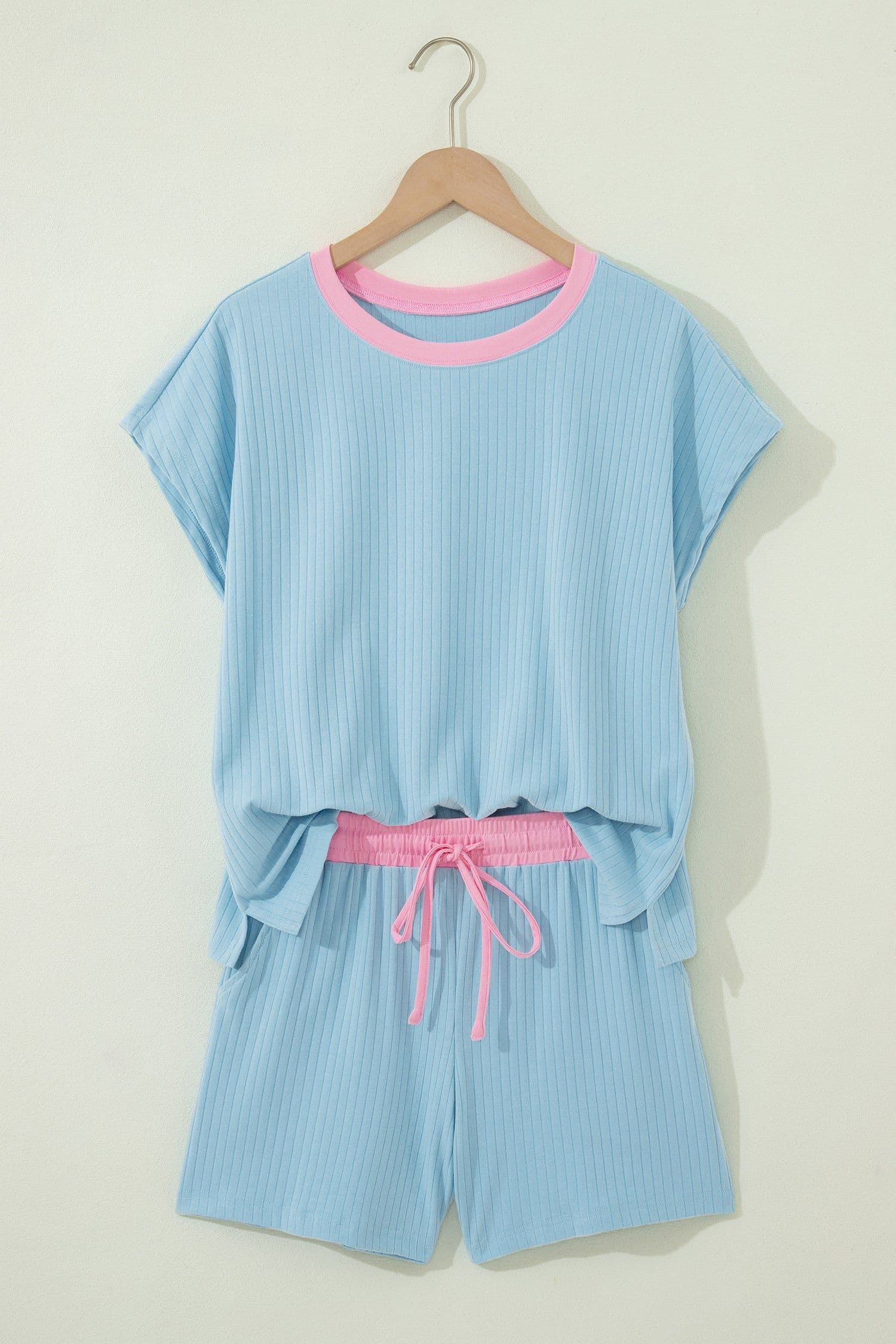 image-Aqua Soft Ribbed Color Block Trim Casual Shorts Set