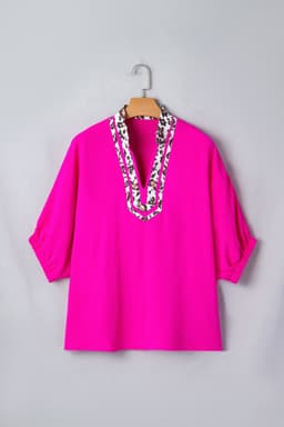 image-Black Dolman Half Sleeve Leopard Patchwork V Neck Blouse