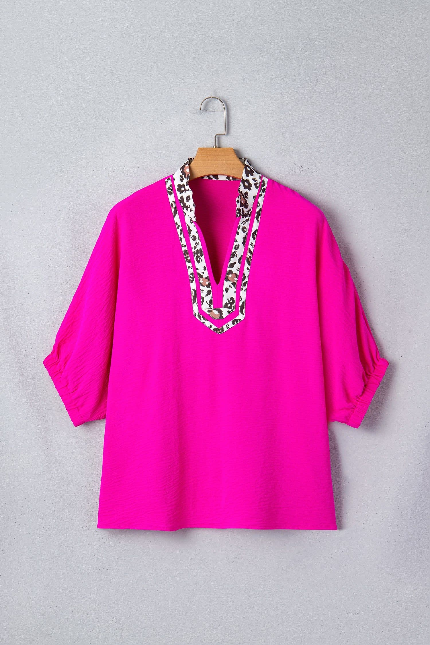 image-Black Dolman Half Sleeve Leopard Patchwork V Neck Blouse