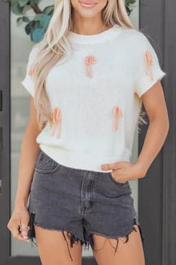 image-White Short Sleeve Knit Contrast Bow Knot Loose Sweater