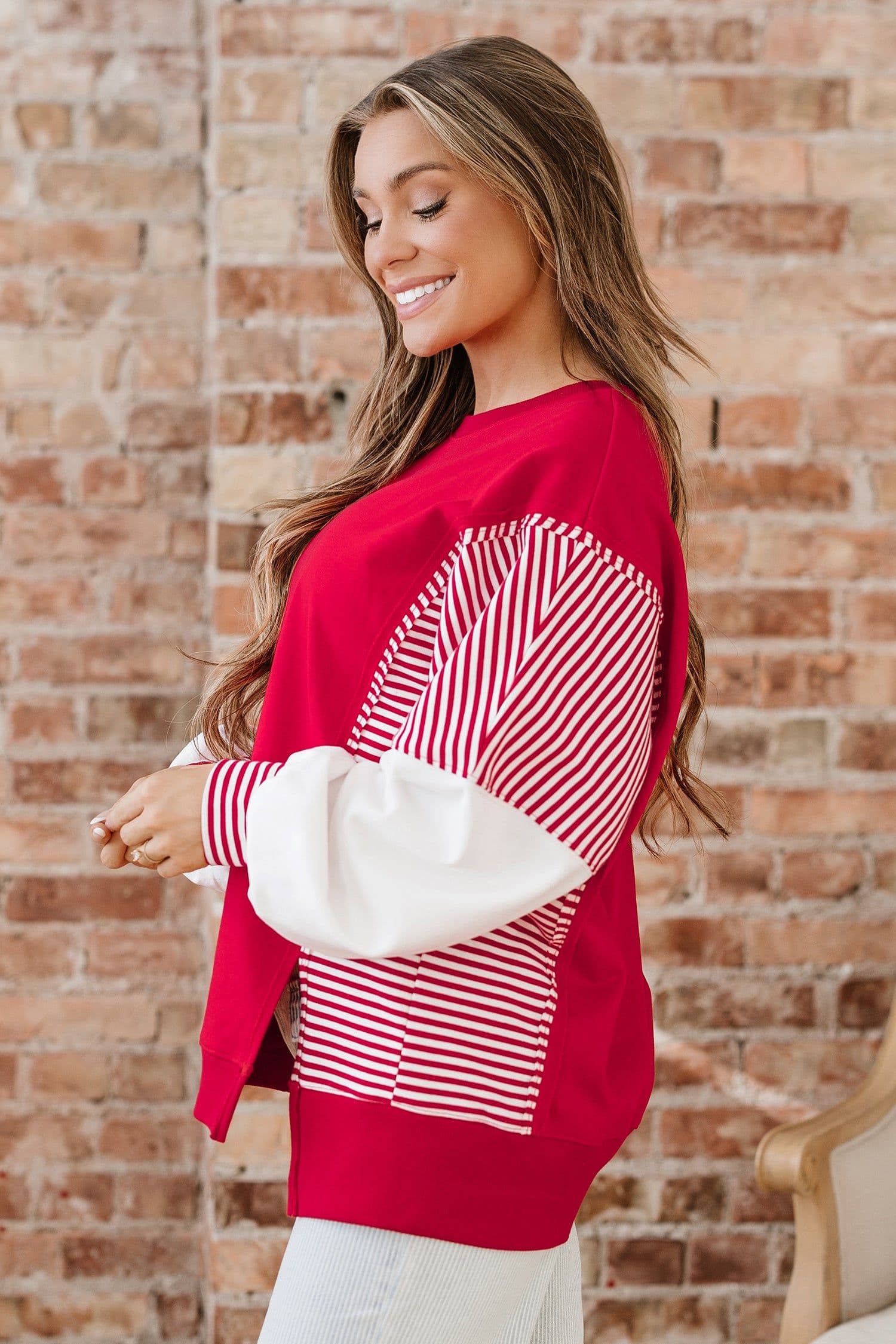 image-Fiery Red Striped Patchwork Sweatshirt