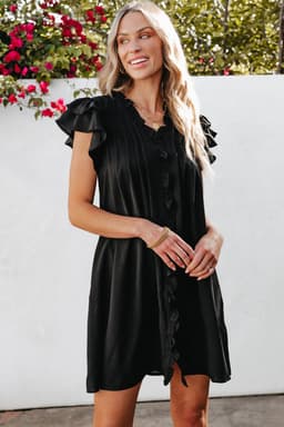 image-Black Ruffle Sleeve V Neck Frilled Shift Dress