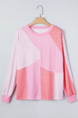 image-Sachet Pink Striped Colorblock Casual Top