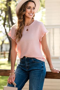 image-Light Pink Ruffled Short Sleeve Blouse - Solid Texture Elegant Design