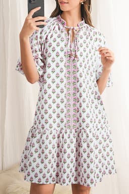 image-Pink Floral Print Bubble Sleeve Neck Tie Ruffled Dress