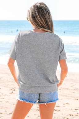 image-Light Grey USA Lettering Patch Notched Neck Loose Tee