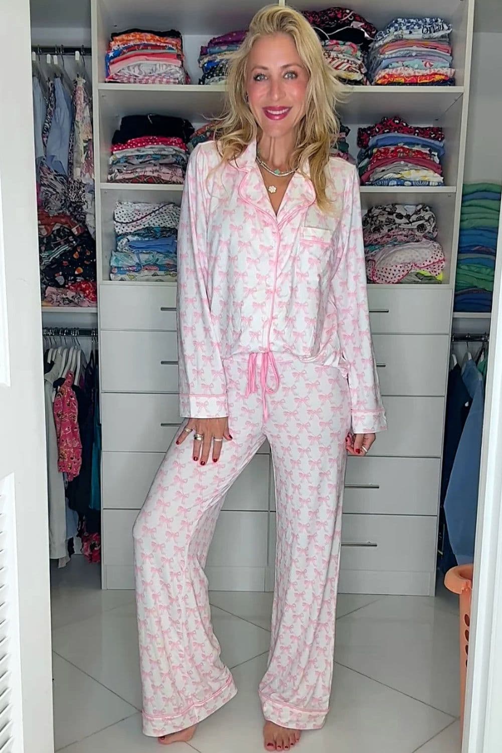 image-Sky Blue Bow Print Pajama Set Long Sleeve