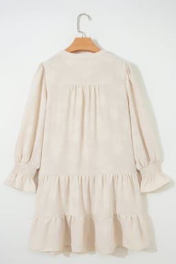 image-Parchment Long Sleeve Notched Neck Jacquard Tiered Mini Dress