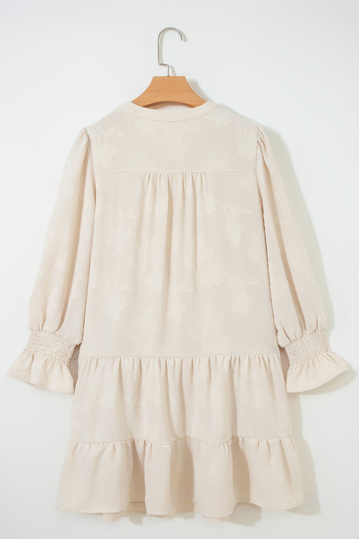 image-Parchment Long Sleeve Notched Neck Jacquard Tiered Mini Dress