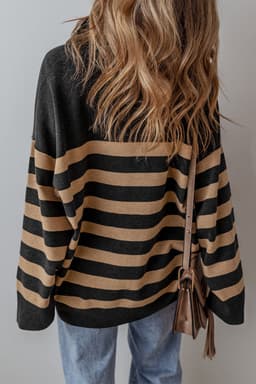 image-Oversized Stripe Collared Quarter Zipper Sweater - Black (60 chars)