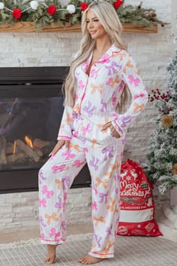 image-Pink Striped Bow Print Pajama Set - Piped Trim 2PC
